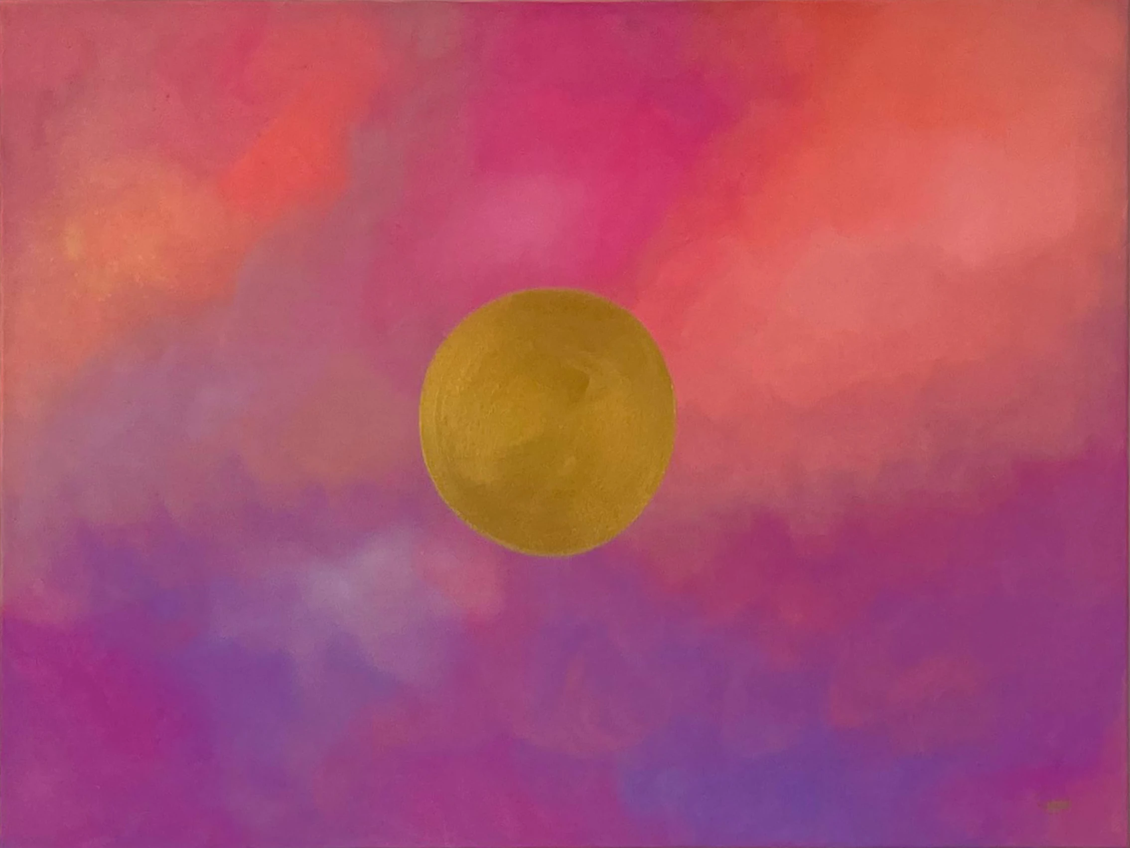 Goldene Mitte I – Abstraktes Acrylgemälde: goldener Kreis in pink-lila Farbverlauf